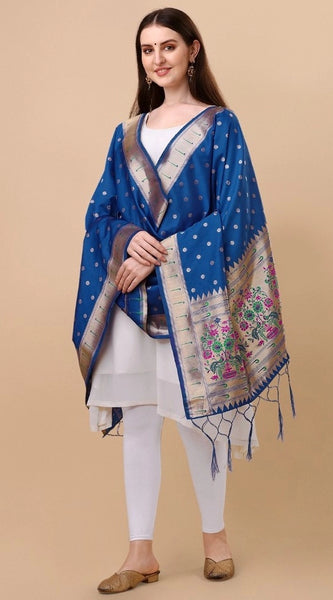 Mayawye Women's Silk Pure Zari weaving Duppatta (Blue, Length: 2-2.3 Mtrs)