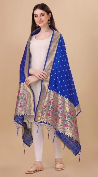 Mayawye Women's Silk Pure Zari weaving Duppatta (Blue, Length: 2-2.3 Mtrs)