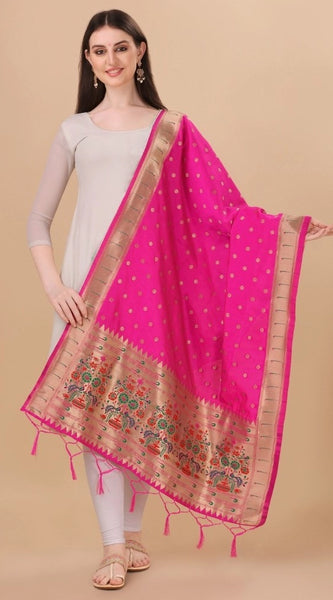 Mayawye Women's Silk Pure Zari weaving Duppatta (Pink, Length: 2-2.3 Mtrs)