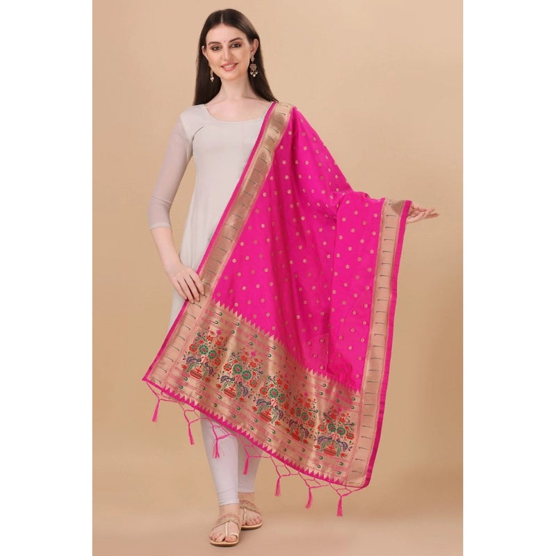 Mayawye Women's Silk Pure Zari weaving Duppatta (Pink, Length: 2-2.3 Mtrs)