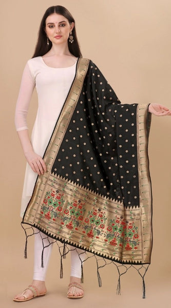 Mayawye Women's Silk Pure Zari weaving Duppatta (Black, Length: 2-2.3 Mtrs)