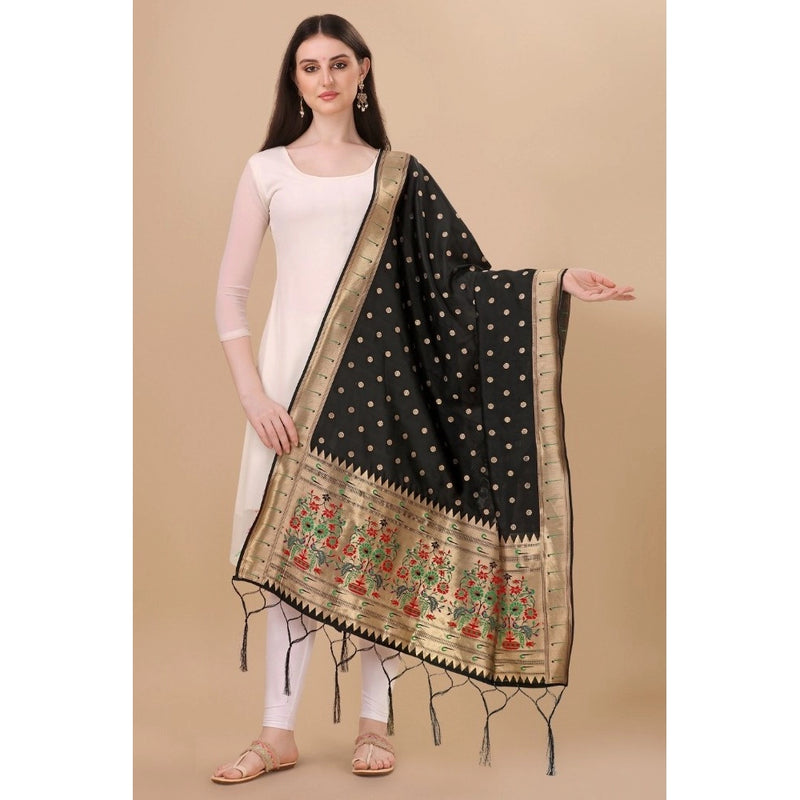 Mayawye Women's Silk Pure Zari weaving Duppatta (Black, Length: 2-2.3 Mtrs)