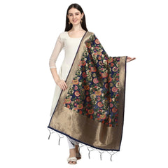 Mayawye Women's Silk Pure Zari weaving Duppatta (Navy Blue, Length: 2-2.3 Mtrs)