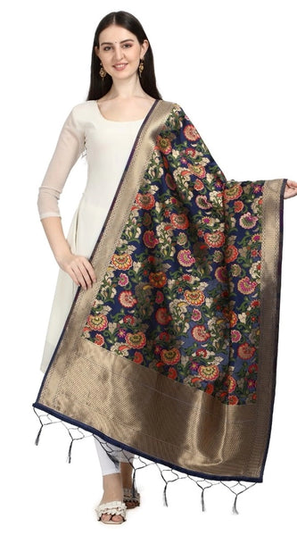 Mayawye Women's Silk Pure Zari weaving Duppatta (Navy Blue, Length: 2-2.3 Mtrs)