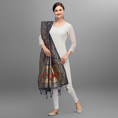 Mayawye Women's Silk Pure Zari weaving Duppatta (Navy Blue, Length: 2-2.3 Mtrs)