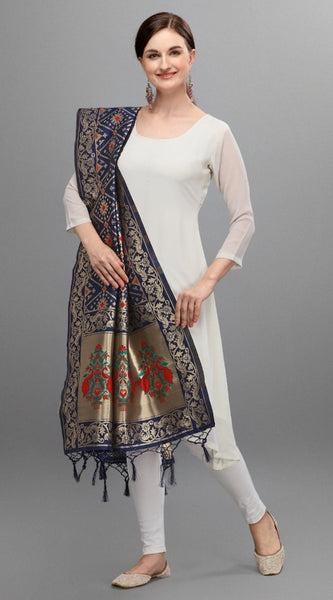 Mayawye Women's Silk Pure Zari weaving Duppatta (Navy Blue, Length: 2-2.3 Mtrs)
