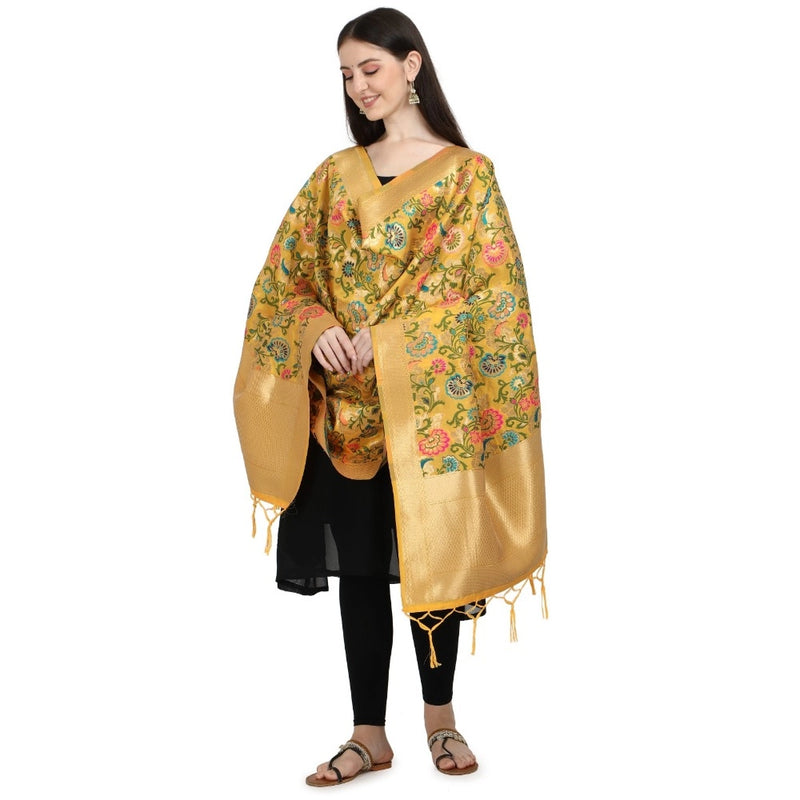 Mayawye Women's Silk Pure Zari weaving Duppatta (Yellow, Length: 2-2.3 Mtrs)