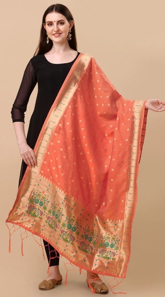 Mayawye Women's Silk Pure Zari weaving Duppatta (Orange, Length: 2-2.3 Mtrs)