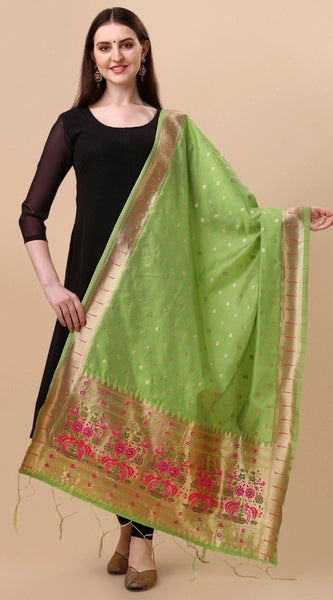 Mayawye Women's Silk Pure Zari weaving Duppatta (Light Green, Length: 2-2.3 Mtrs)