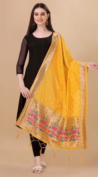 Mayawye Women's Silk Pure Zari weaving Duppatta (Yellow, Length: 2-2.3 Mtrs)