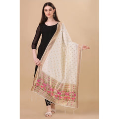 Mayawye Women's Silk Pure Zari weaving Duppatta (White, Length: 2-2.3 Mtrs)