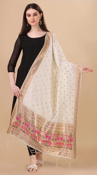 Mayawye Women's Silk Pure Zari weaving Duppatta (White, Length: 2-2.3 Mtrs)