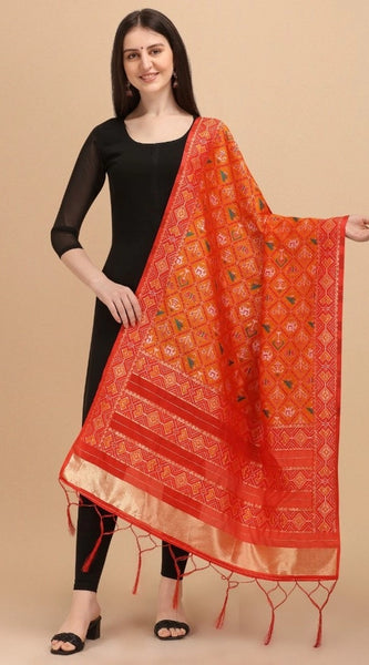 Mayawye Women's Silk Pure Zari weaving Duppatta (Orange, Length: 2-2.3 Mtrs)