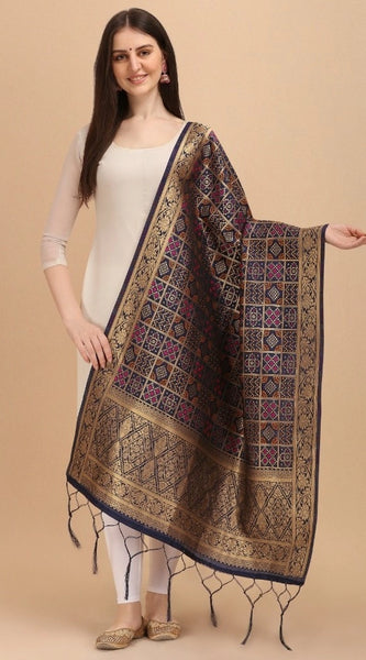 Mayawye Women's Silk Pure weaving Work Duppatta (Navy Blue, Length: 2-2.3 Mtrs)