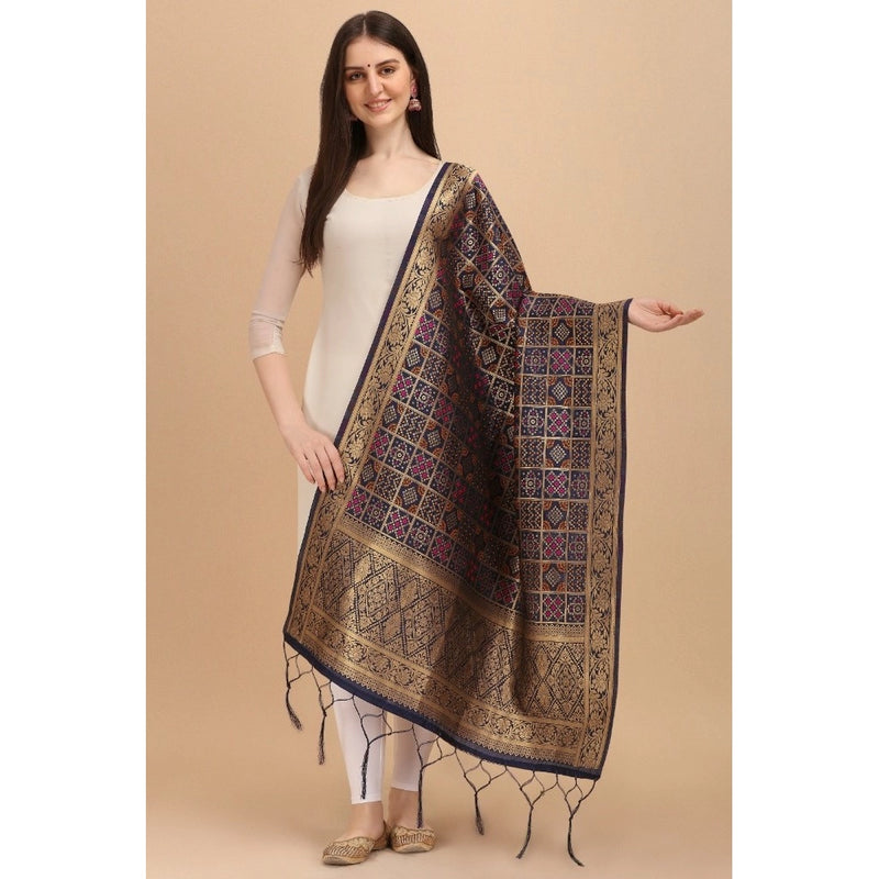 Mayawye Women's Silk Pure weaving Work Duppatta (Navy Blue, Length: 2-2.3 Mtrs)