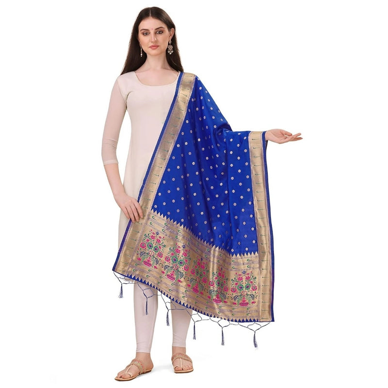 Mayawye Women's Silk Pure Zari weaving Duppatta (Blue, Length: 2-2.3 Mtrs)