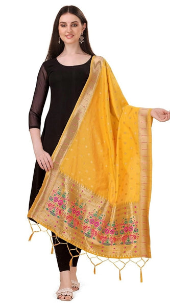 Mayawye Women's Silk Pure Zari weaving Duppatta (Yellow, Length: 2-2.3 Mtrs)