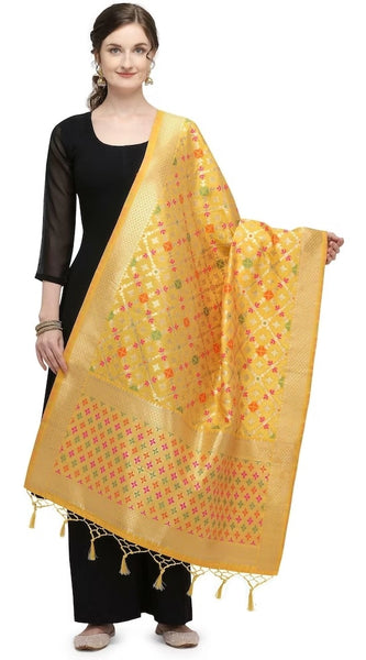 Mayawye Women's Silk Pure Zari weaving Duppatta (Mustard Yellow, Length: 2-2.3 Mtrs)