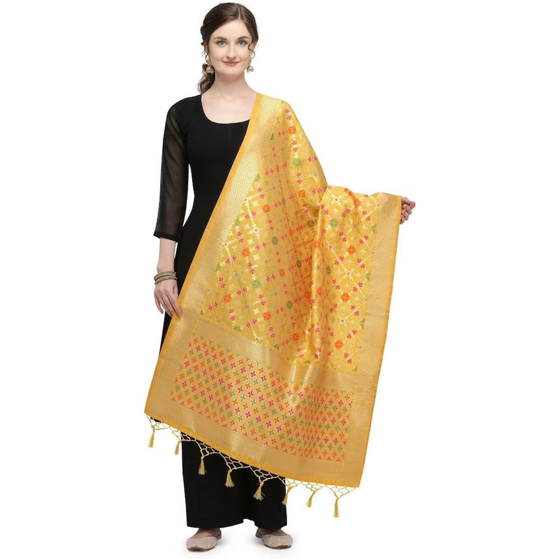 Mayawye Women's Silk Pure Zari weaving Duppatta (Mustard Yellow, Length: 2-2.3 Mtrs)