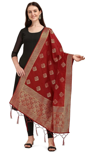 Mayawye Women's Silk Pure Zari weaving Duppatta (Maroon, Length: 2-2.3 Mtrs)