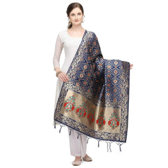 Mayawye Women's Silk Pure Zari weaving Duppatta (Navy Blue, Length: 2-2.3 Mtrs)