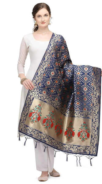 Mayawye Women's Silk Pure Zari weaving Duppatta (Navy Blue, Length: 2-2.3 Mtrs)