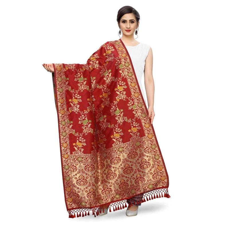 Mayawye Women's Silk Pure Zari weaving Duppatta (Maroon, Length: 2-2.3 Mtrs)