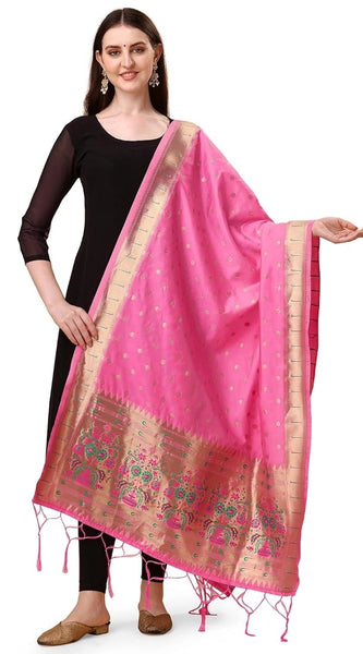 Mayawye Women's Silk Pure Zari weaving Duppatta (Light Pink, Length: 2-2.3 Mtrs)
