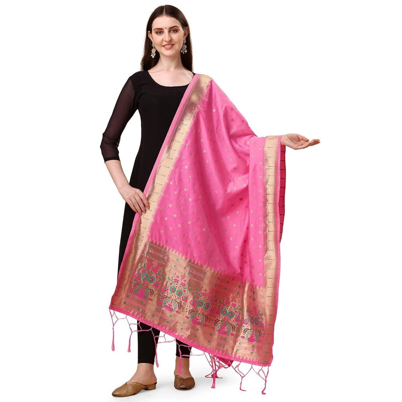 Mayawye Women's Silk Pure Zari weaving Duppatta (Light Pink, Length: 2-2.3 Mtrs)