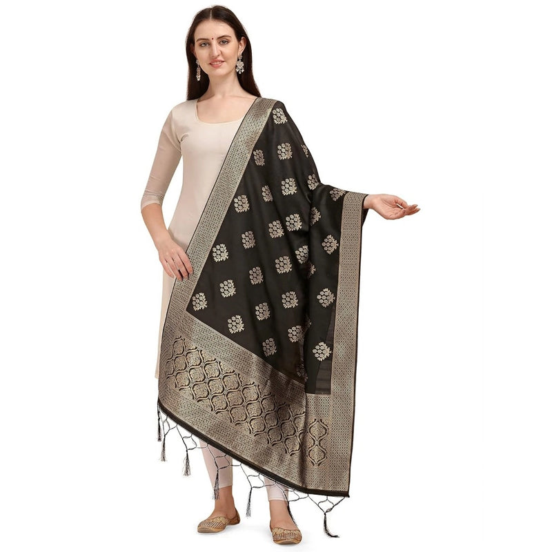 Mayawye Women's Silk Pure Zari weaving Duppatta (Black, Length: 2-2.3 Mtrs)