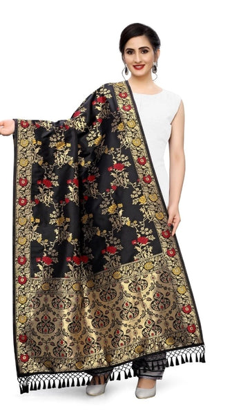Mayawye Women's Silk Pure Zari weaving Duppatta (Black, Length: 2-2.3 Mtrs)