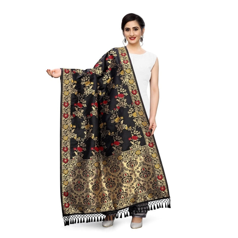 Mayawye Women's Silk Pure Zari weaving Duppatta (Black, Length: 2-2.3 Mtrs)