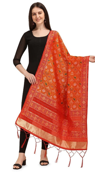 Mayawye Women's Silk Pure Zari weaving Duppatta (Orange, Length: 2-2.3 Mtrs)
