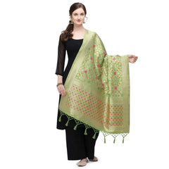 Mayawye Women's Silk Pure Zari weaving Duppatta (Light Green, Length: 2-2.3 Mtrs)