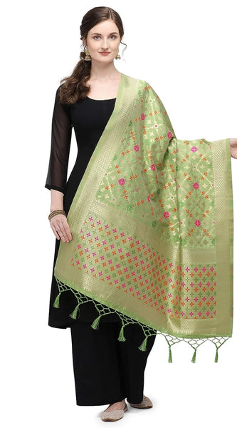 Mayawye Women's Silk Pure Zari weaving Duppatta (Light Green, Length: 2-2.3 Mtrs)