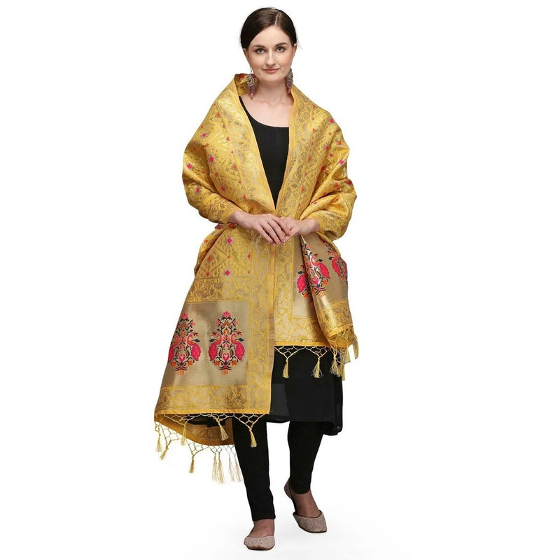 Mayawye Women's Silk Pure Zari weaving Duppatta (Mustard Yellow, Length: 2-2.3 Mtrs)