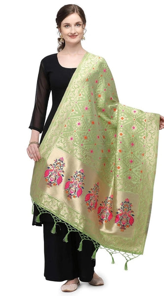 Mayawye Women's Silk Pure Zari weaving Duppatta (Light Green, Length: 2-2.3 Mtrs)