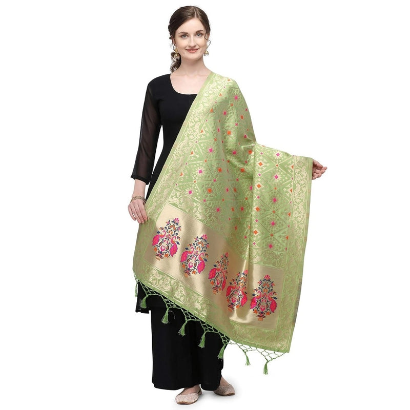 Mayawye Women's Silk Pure Zari weaving Duppatta (Light Green, Length: 2-2.3 Mtrs)