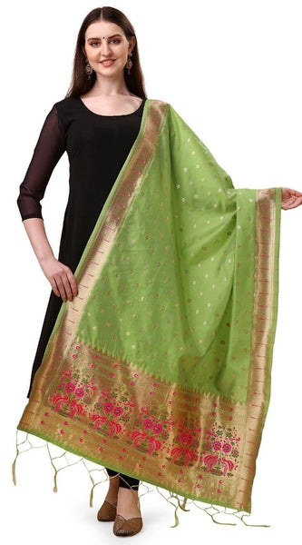 Mayawye Women's Silk Pure Zari weaving Duppatta (Light Green, Length: 2-2.3 Mtrs)