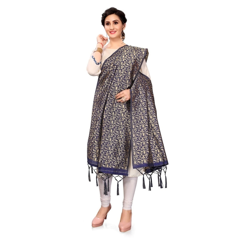 Mayawye Women's Silk Pure weaving Work Duppatta (Navy Blue, Length: 2-2.3 Mtrs)