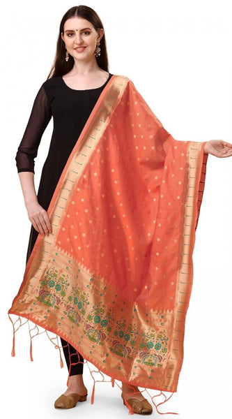 Mayawye Women's Silk Pure Zari weaving Duppatta (Orange, Length: 2-2.3 Mtrs)