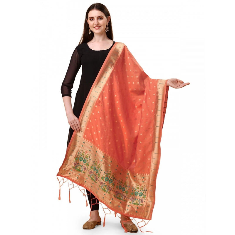 Mayawye Women's Silk Pure Zari weaving Duppatta (Orange, Length: 2-2.3 Mtrs)