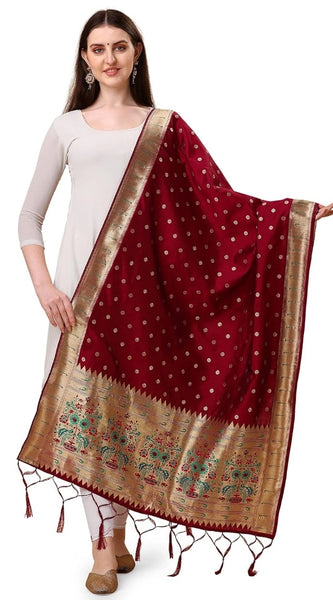 Mayawye Women's Silk Pure Zari weaving Duppatta (Maroon, Length: 2-2.3 Mtrs)