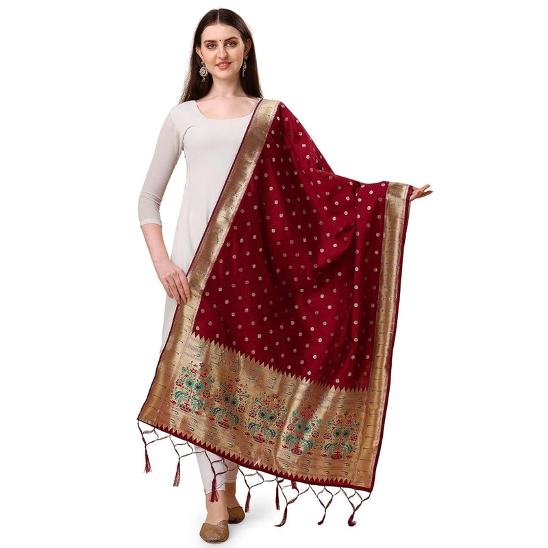 Mayawye Women's Silk Pure Zari weaving Duppatta (Maroon, Length: 2-2.3 Mtrs)