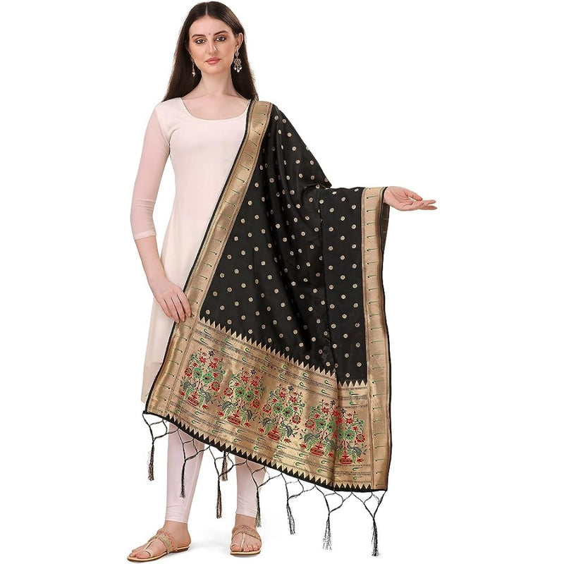 Mayawye Women's Silk Pure Zari weaving Duppatta (Black, Length: 2-2.3 Mtrs)