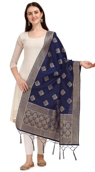 Mayawye Women's Silk Pure Zari weaving Duppatta (Navy Blue, Length: 2-2.3 Mtrs)