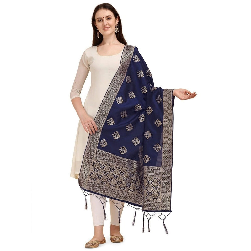 Mayawye Women's Silk Pure Zari weaving Duppatta (Navy Blue, Length: 2-2.3 Mtrs)