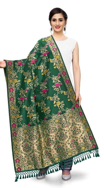 Mayawye Women's Silk Pure Zari weaving Duppatta (Green, Length: 2-2.3 Mtrs)