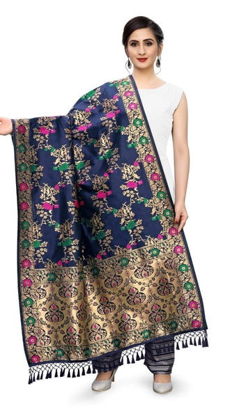 Mayawye Women's Silk Pure Zari weaving Duppatta (Navy Blue, Length: 2-2.3 Mtrs)