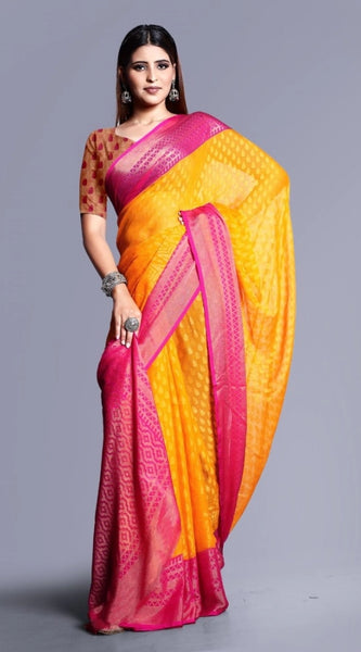 Mayawye Women's Viscose Rayon Printed Saree With Unstitched Blouse (Yellow)